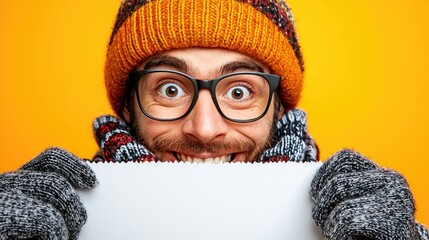 Cheerful man in winter attire holding a blank sign