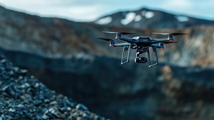 A close-up of a drone flying over a mine, collecting 3D data on terrain and ore deposits