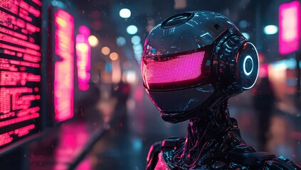 A futuristic robot with glowing eyes stands in front of an array of digital screens displaying data and code, symbolizing the integration of AI technology