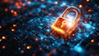 © Worakit - glowing digital lock hovers in mid air, symbolizing cybersecurity and data protection. vibrant colors and intricate background evoke sense of advanced technology and security