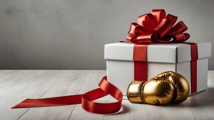 Red gift box with gold ribbon with boxing gloves 