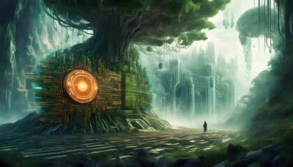 Wall Mural - Futuristic fusion of nature and technology with a tree emerging from a computer chip