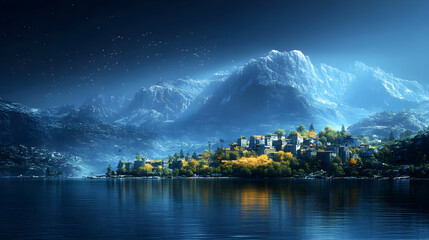 Poster - Mountain Lake Village - Tranquil and Serene Landscape