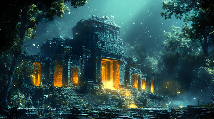 Canvas Print - Ancient Temple Glowing in Moonlight, Mysterious Ruins in Lush Forest