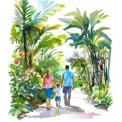 Wall Mural - Watercolor Illustration of a Family Walking Through a Tropical Garden.