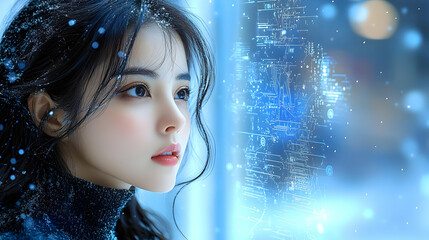 Wall Mural - Woman Looking at Digital Interface in Snowy Landscape