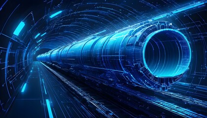 Sleek blue futuristic train embarking on an adventure through a dark and mysterious tunnel