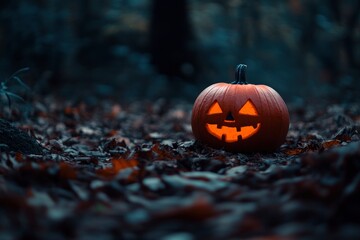 Halloween background. Lonely pumpkin in the dark forest - generative ai