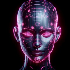 Female cyborg face with pink neon lines, futuristic robotic art, 3d render
