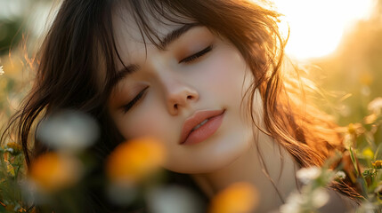 Poster - Beautiful Woman with Long Hair in a Field of Flowers, Soft Light on Her Face