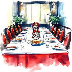 Watercolor Illustration of a Festive Dinner Table with Indian Masks.