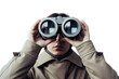 © Oratai - Close-up of a person holding binoculars up to their eyes, focusing intently, with a white background