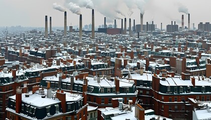 A snowy urban landscape dotted with industrial smokestacks releasing smoke, highlighting the contrast between winter scenery and pollution.