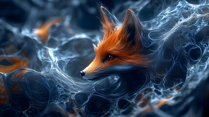 Sticker - Fox Surrounded by Abstract Web-Like Structure, Blue and Orange Colors