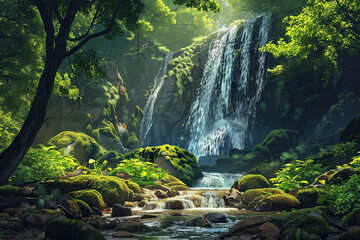 Wall Mural - Generative ai on theme of beautiful majestic waterfall in natural nature, national park attraction