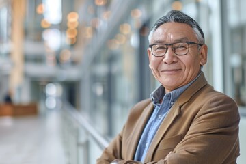 Portrait of successful senior Native American businessman consultant looking at camera and smiling inside modern office building , background blur