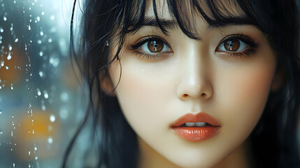 Wall Mural - Close-Up Portrait of a Woman with Water Drops on Her Face, Stunning Beauty, Soft Focus, Dreamy Atmosphere