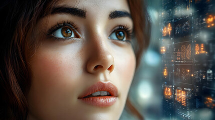 Canvas Print - Woman Gazes at Futuristic Interface with Curiosity and Wonder