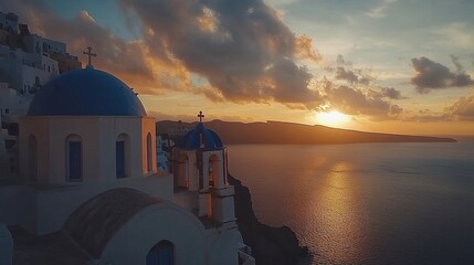 Poster - Serene Sunset Over Santorini with Blue Domes