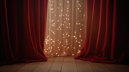 Red velvet curtains part under golden lights to reveal an elegant stage for a prestigious award ceremony or film festival event