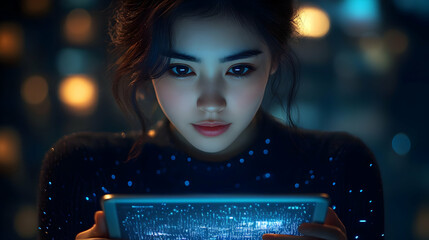 Poster - Woman Using a Tablet in the Night with a Blue Glow, Digital World, Technology and the Future