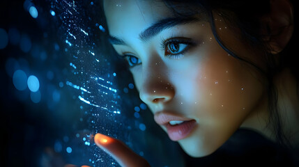 Canvas Print - Woman's Face With Blue Lights and a Sparkling Touch