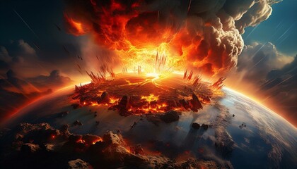 Wall Mural - Apocalyptic vision of earth with explosive impact causing fiery destruction and clouds of smoke