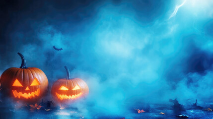 Wall Mural - two glowing jack-o-lanterns in a foggy, moonlit scene with a bat flying in the background, evoking a