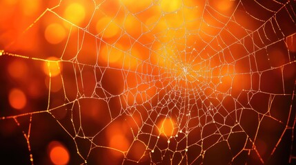 Wall Mural - a delicate spider web highlighted by glowing orange light and dew drops, creating a shimmering effec