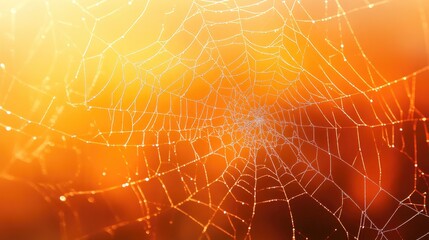 Wall Mural - spider web with glistening dew drops in warm golden sunlight, creating a magical and delicate autumn