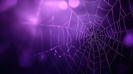 intricate spider web highlighted by purple light, with soft glowing bokeh effects in the background,