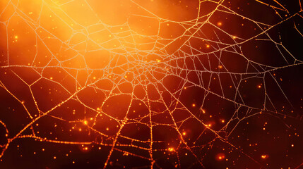 Wall Mural - spider web sparkling with droplets of dew illuminated by warm orange light, perfect for a halloween-
