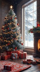 Wall Mural - A Christmas tree with red and gold ornaments sits in front of a window