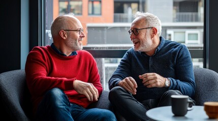 Two professionals in a relaxed yet focused conversation by the office window, with natural light pouring in and a red sweater draped casually over the back of a chair