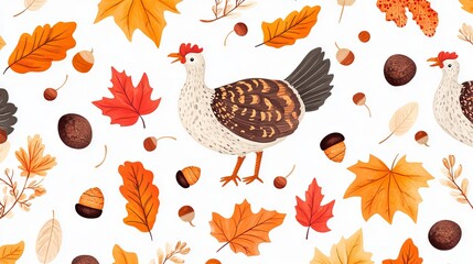 Sticker - Repeating Thanksgiving elements such as leaves, acorns, and turkeys on a white background.