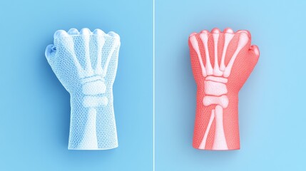 2409_094.a split image showing a wrist support on one side and a cold compress applied to an inflamed wrist on the other, visually contrasting two different approaches to wrist injury management