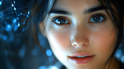 Poster - Close-Up Portrait of a Woman's Face with Delicate Features and Sparkling Eyes