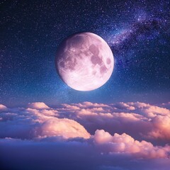 Wall Mural - Romantic Moon Shining Over Cloudscape in Starry Night Sky with Vibrant Colors, Ethereal Atmosphere for Dreamy and Serene Themes