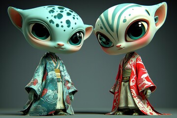 Poster - Cute Cartoon Animal Characters in Traditional Japanese Kimono