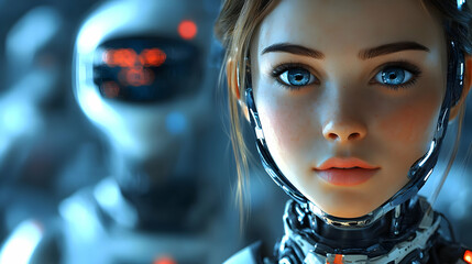 Canvas Print - Cyberpunk Girl with Blue Eyes and Mechanical Accessories