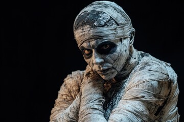 Mummy. Dark Studio Shot Portrait of Young Man in Creepy Mummy Costume on Black Background