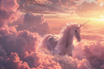 Fantastically beautiful mythological pink unicorn with long horn