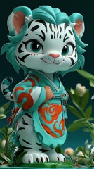 Poster - Cute Cartoon Tiger Wearing Traditional Kimono