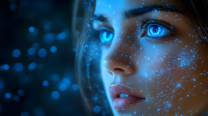 Canvas Print - Blue Eye Woman With Glowing Lines Connecting Across Her Face