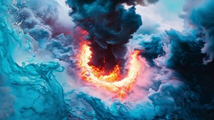 Wall Mural - A dramatic scene of fiery light emerging from turbulent ocean waves and dark clouds.
