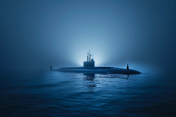 Wall Mural - Beautiful large submarine floating in middle of ocean during mission