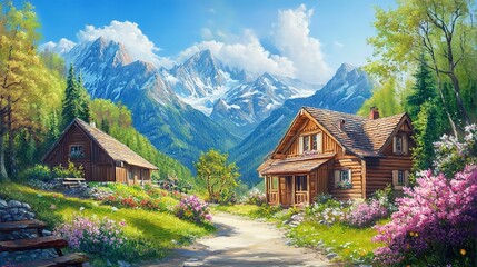 Canvas Print - Idyllic countryside summer landscape with wooden old houses, beautiful flowers and trees with the Alp mountains in the background, oil painting on canvas 