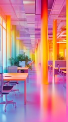 Poster - A colorful office space with bright orange pillars and green plants