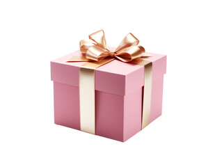 a pink box with a gold ribbon and a bow