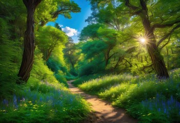 Wall Mural - enchanting pathway through lush green forest surrounded vibrant foliage tall trees under bright blue sky, biodiversity, scenery, leaves, greenery, nature